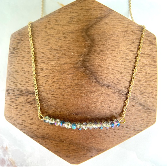 Gold Tiny Labradorite Blue Flash Bead Bar Necklace - Picture 3 of 5